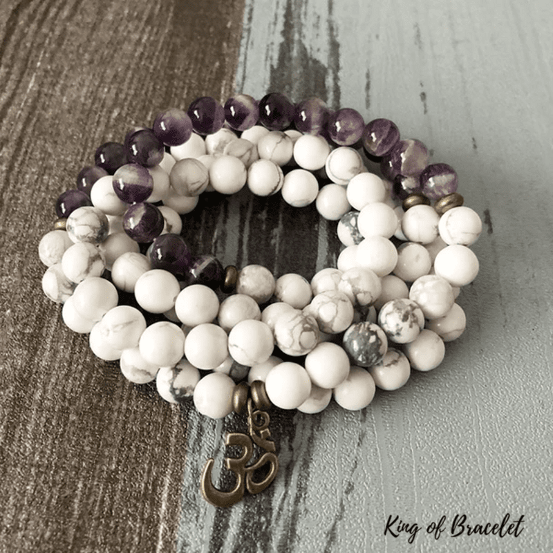 Bracelet Mala Tibétain en Howlite Blanche et Améthyste - King of Bracelet