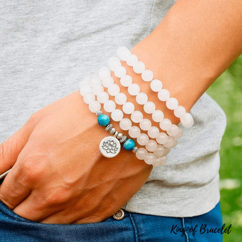 Bracelet Mala Tibétain en Calcédoine Blanche et Apatite - King of Bracelet