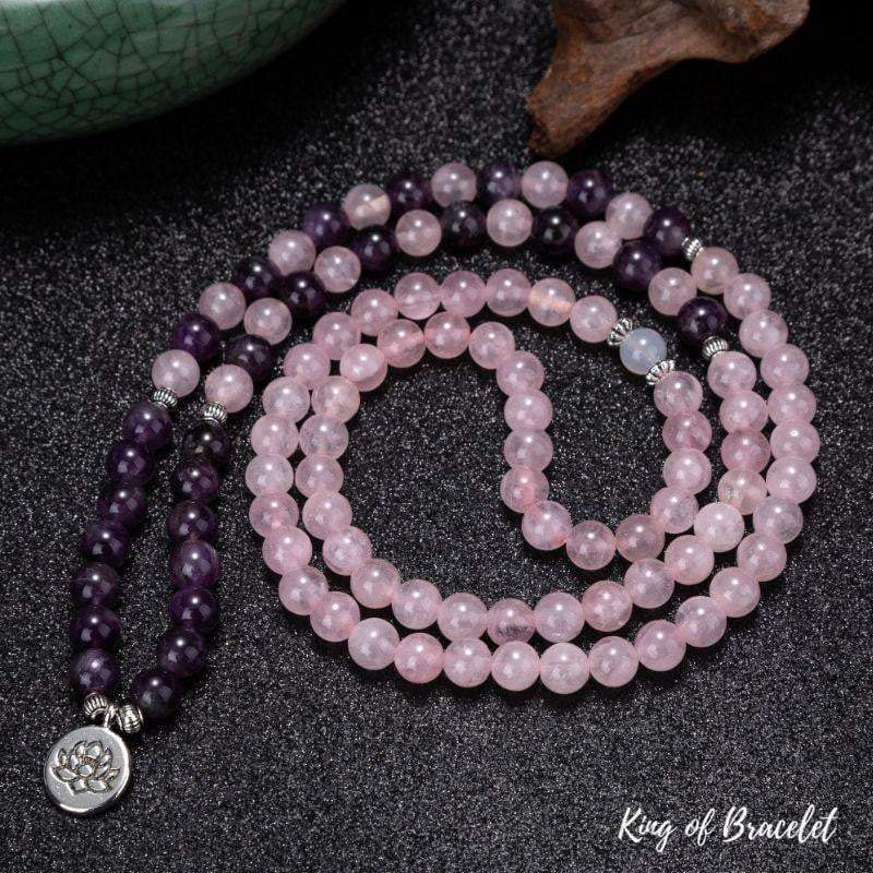 Bracelet Mala Lotus 108 Perles en Améthyste et Quartz Rose - King of Bracelet