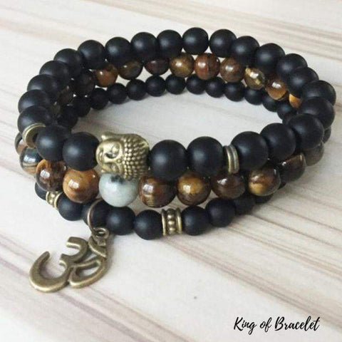 Bracelets Bouddha OM en Onyx Noir Mat et Oeil de Tigre